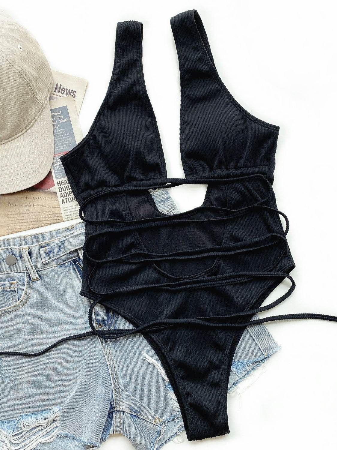 Ribbed Lace Up One-Piece Swimsuit - Velveta Studio