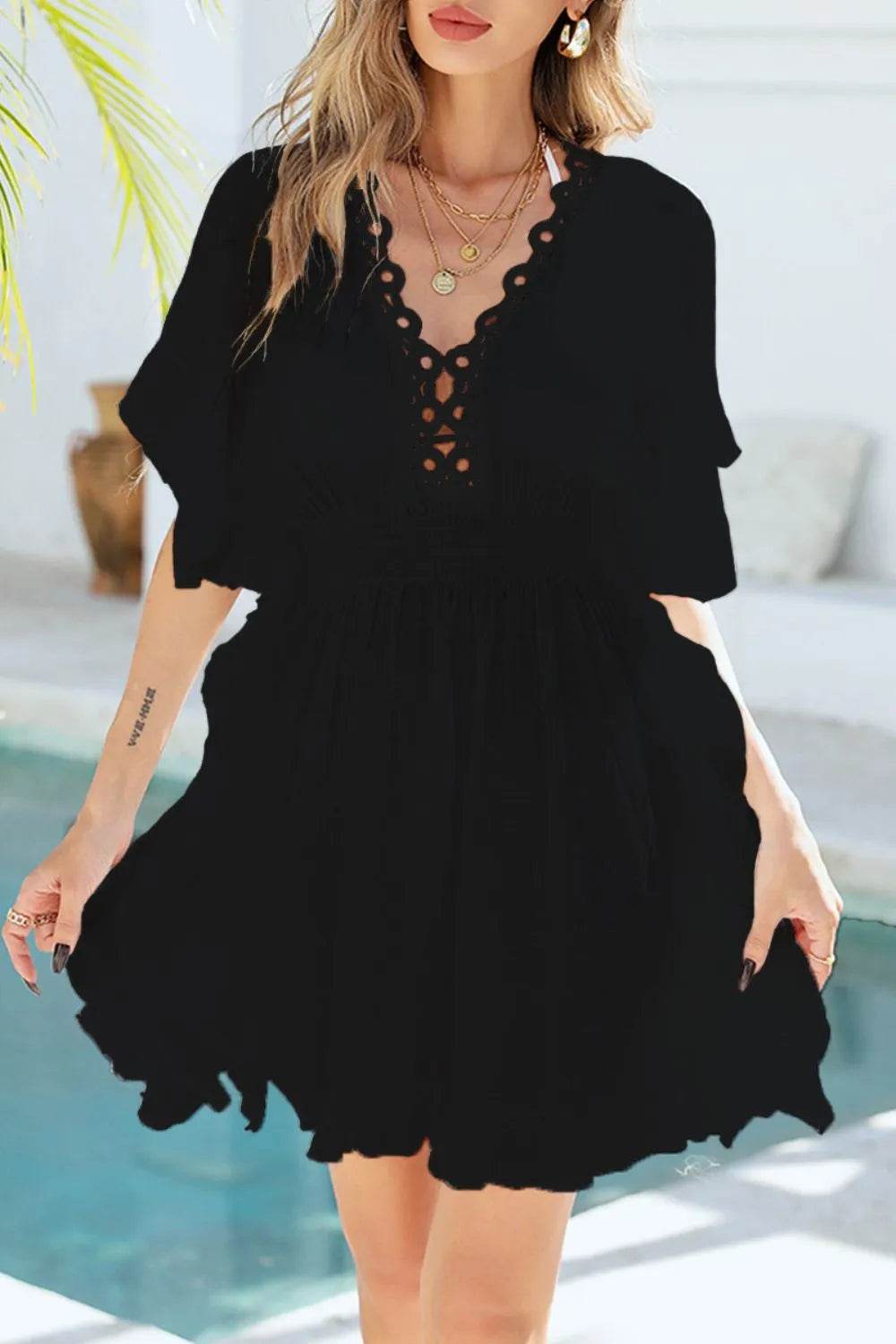 Ruffled Smocked Waist V-Neck Cover-Up - Velveta Studio
