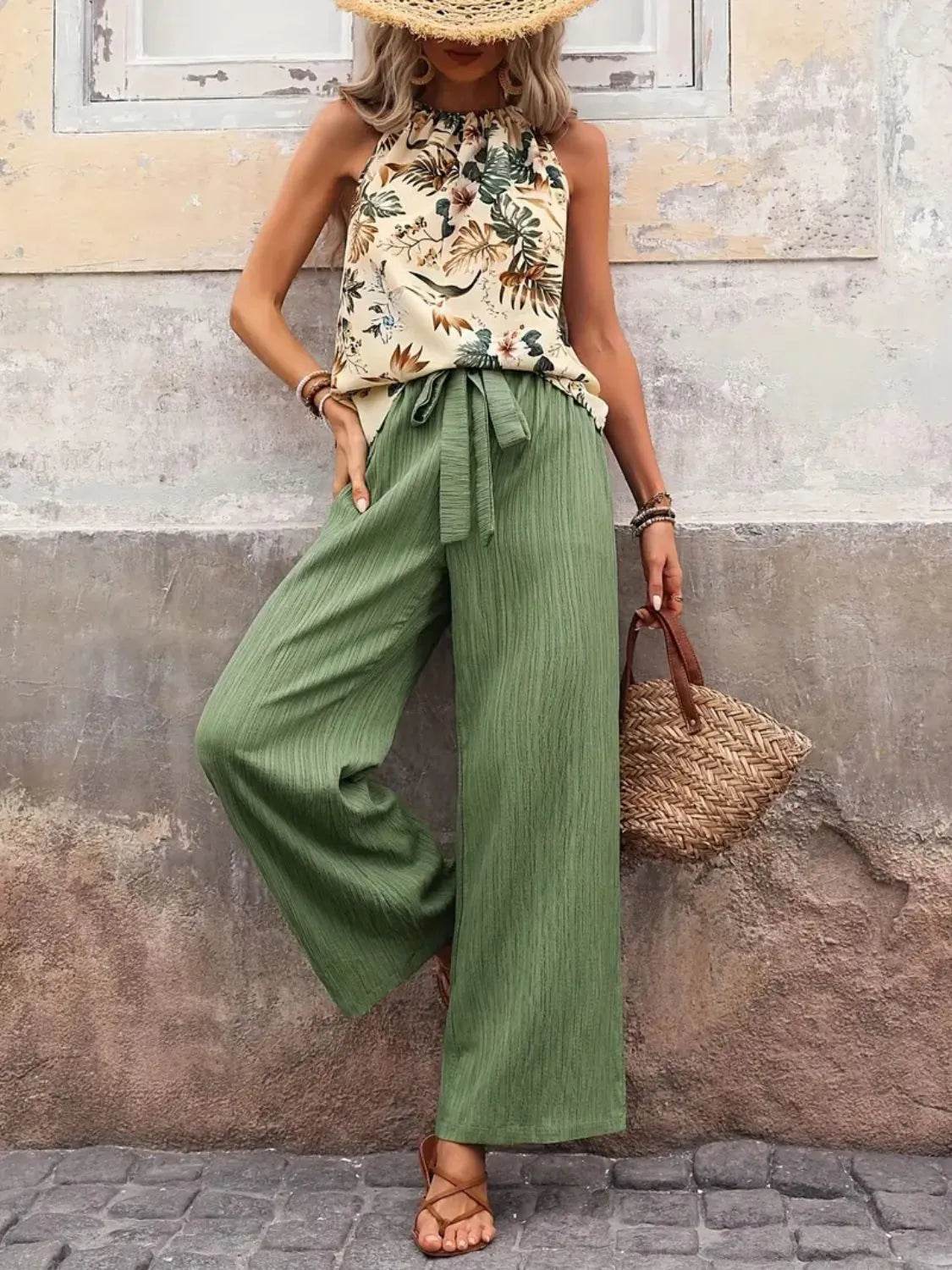 Printed Tank Top and Wide Leg Pants Set - Velveta Studio