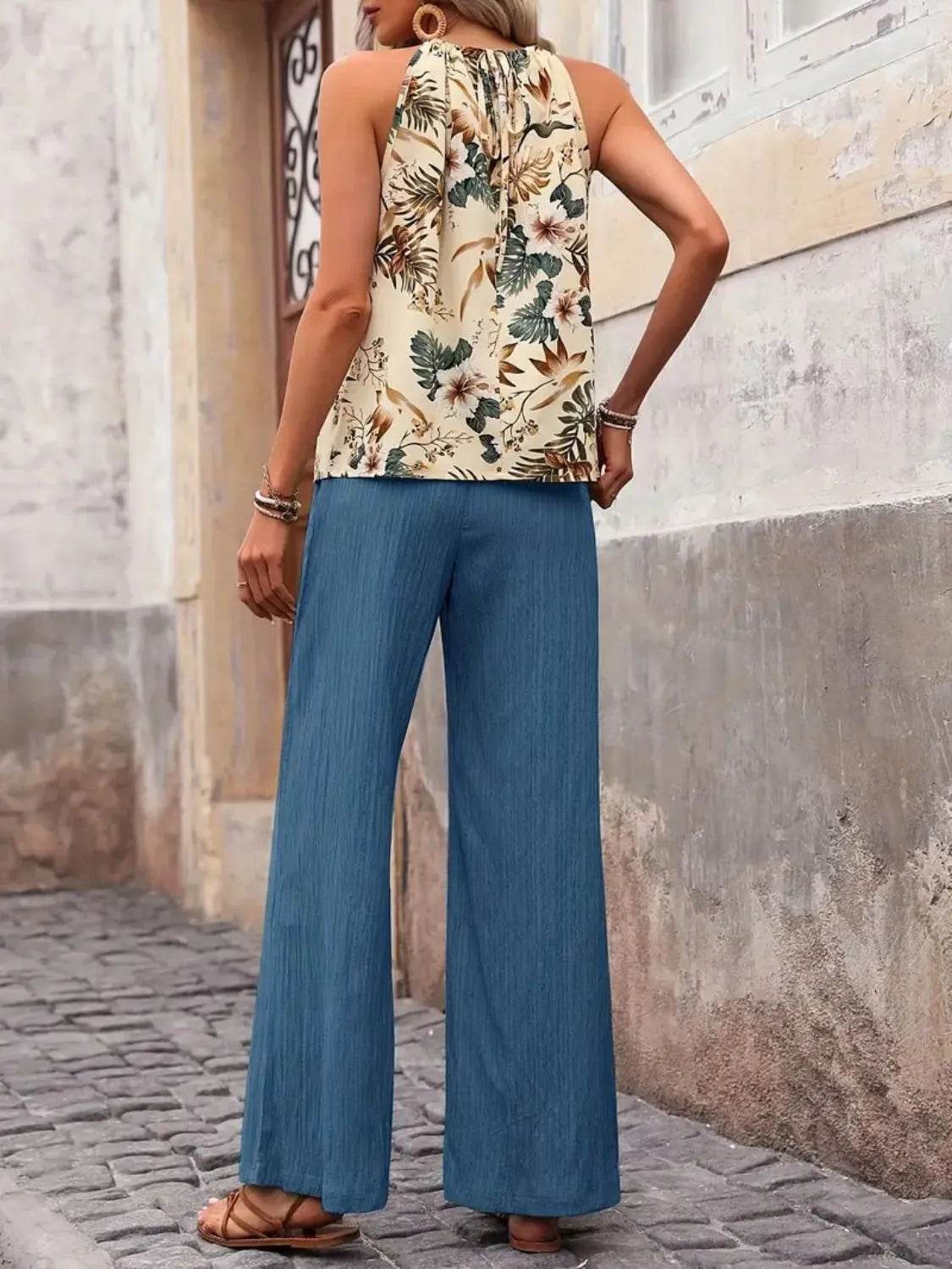 Printed Tank Top and Wide Leg Pants Set - Velveta Studio