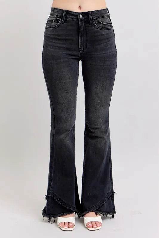 Full Size High Waist Flare W/ Mock Fray Tulip Hem Plus Size - Velveta Studio