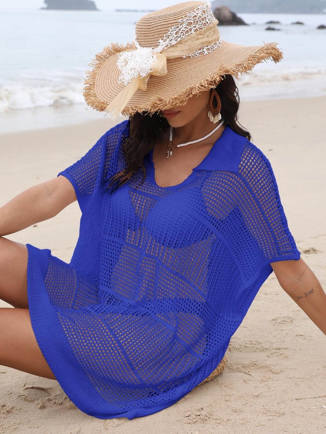 Hollow Out Collared Neck Cover-Up - Velveta Studio