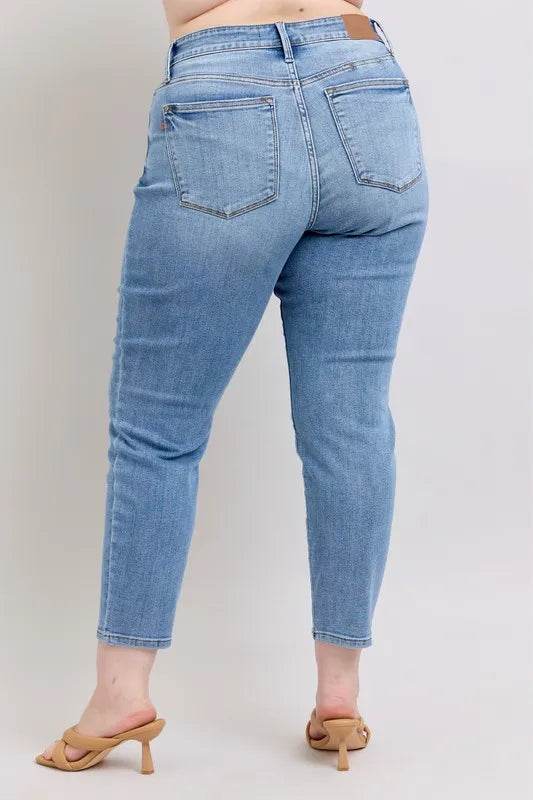 Mid Rise Vintage Wash Slim Jeans with Cell Phone Pocket Plus Size - Velveta Studio