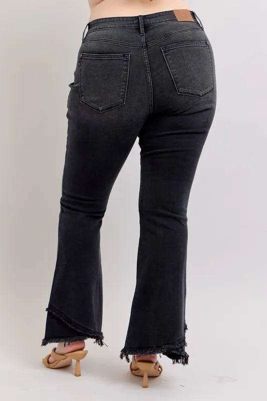 Full Size High Waist Flare W/ Mock Fray Tulip Hem Plus Size - Velveta Studio