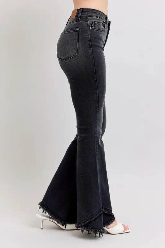 Full Size High Waist Flare W/ Mock Fray Tulip Hem Plus Size - Velveta Studio