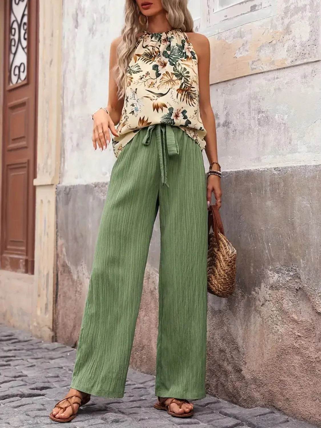 Printed Tank Top and Wide Leg Pants Set - Velveta Studio