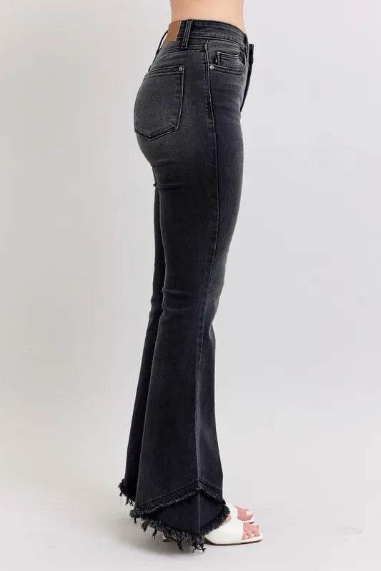 Full Size High Waist Flare W/ Mock Fray Tulip Hem Plus Size - Velveta Studio