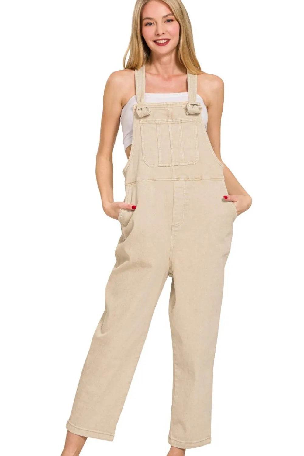 Washed Knot Strap Relaxed Fit Overalls - Sand Beige - Velveta Studio