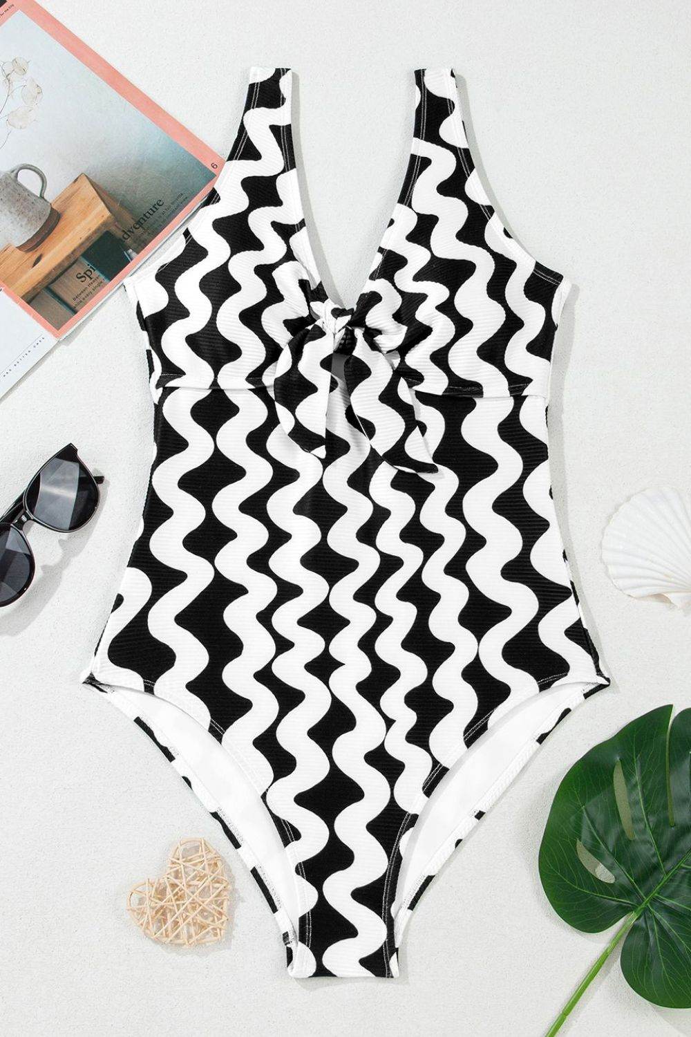 Tied Front Contrast Striped One-Piece Swimsuit - Velveta Studio