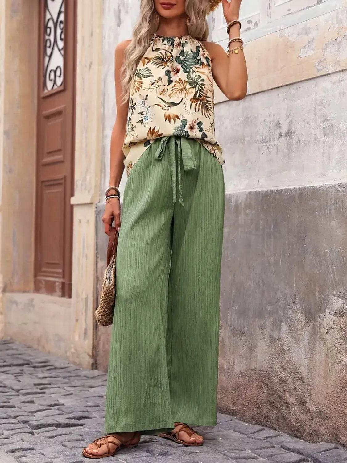 Printed Tank Top and Wide Leg Pants Set - Velveta Studio