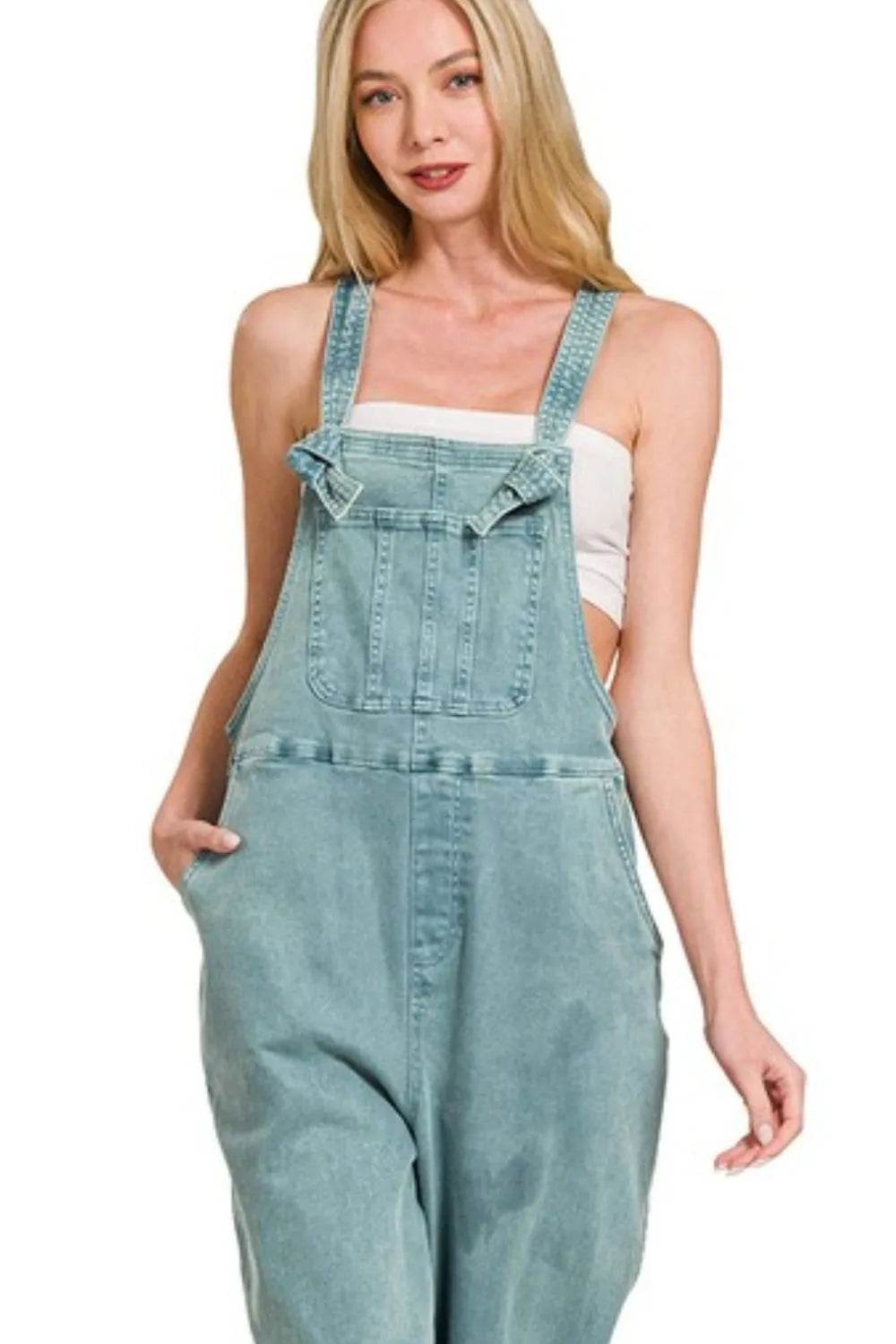 Washed Knot Strap Relaxed Fit Overalls - Teal - Velveta Studio