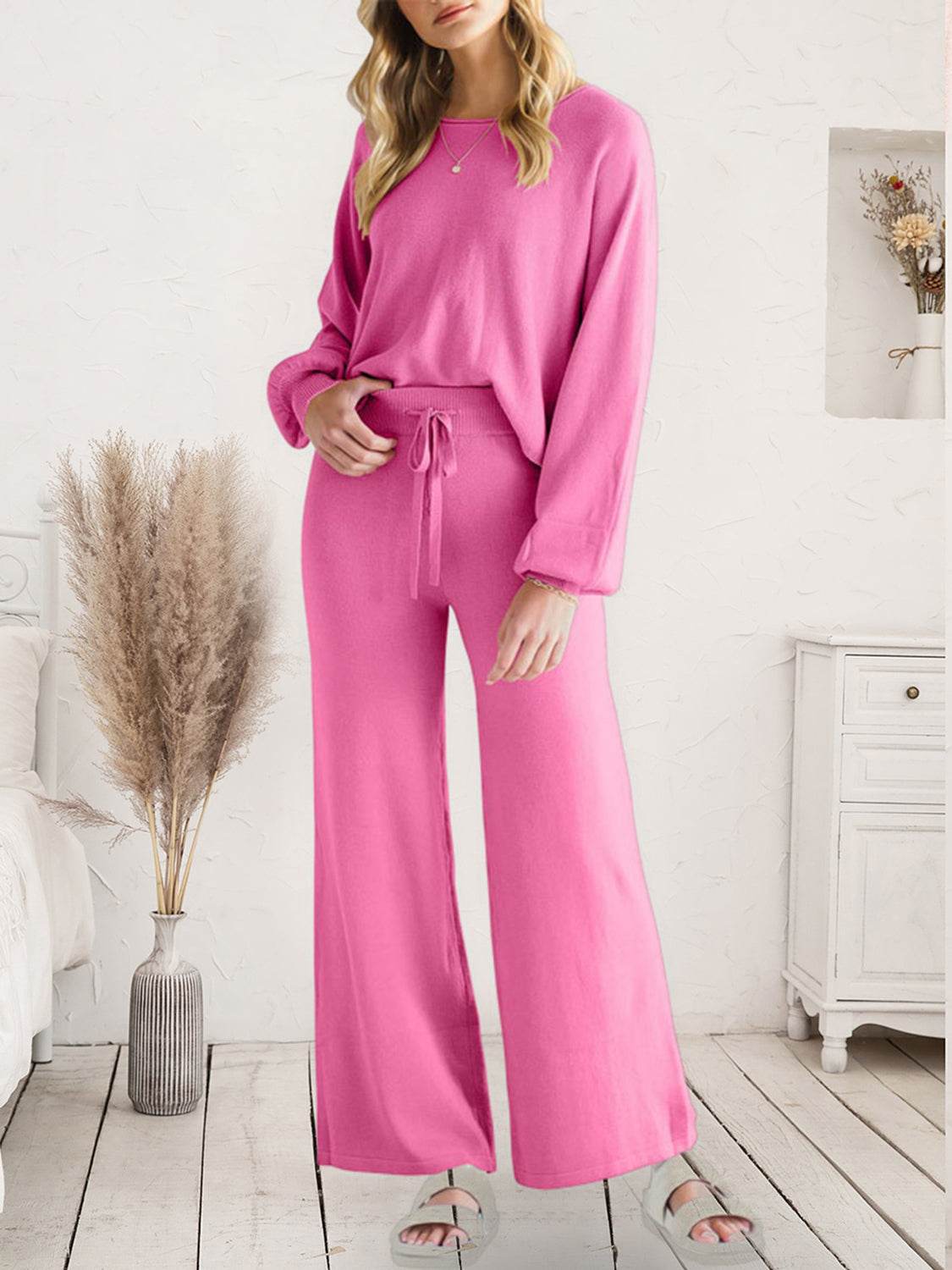 Long Sleeve Lounge Top and Drawstring Pants Set - Velveta Studio