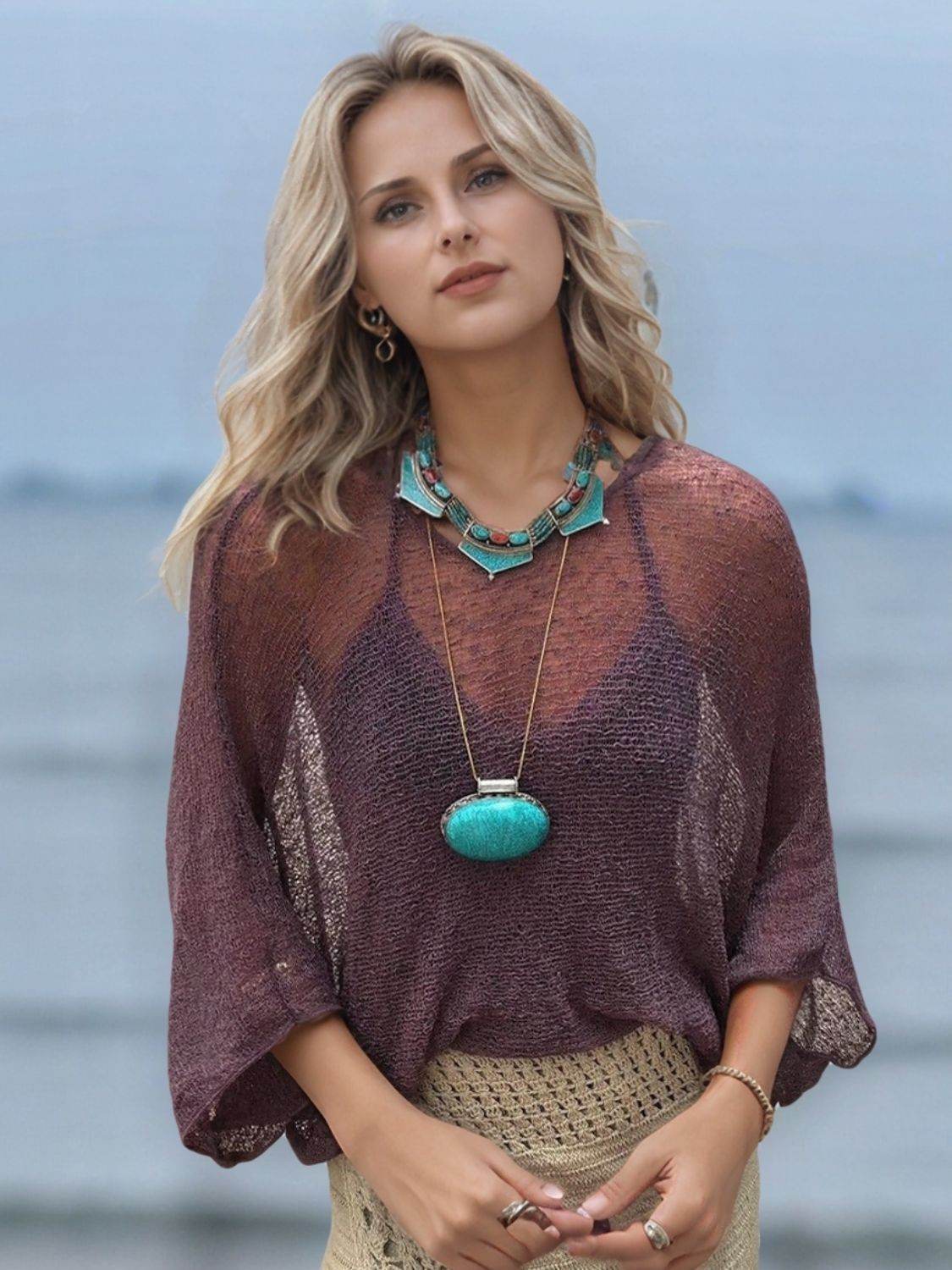 Round Neck Long Sleeve Cover-Up - Velveta Studio