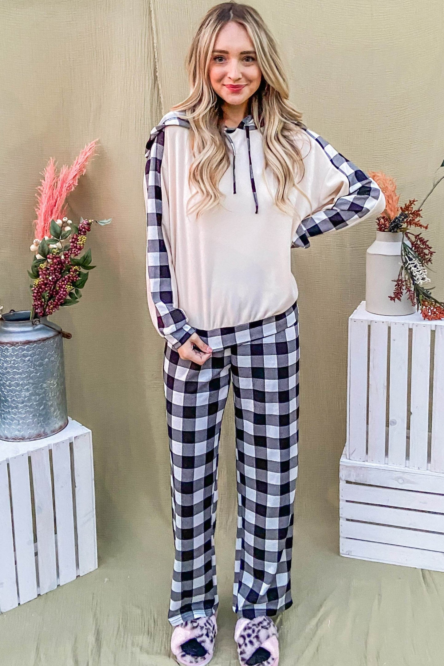 And The Why Drawstring Hooded Top and Plaid Pants Lounge Set - Velveta Studio