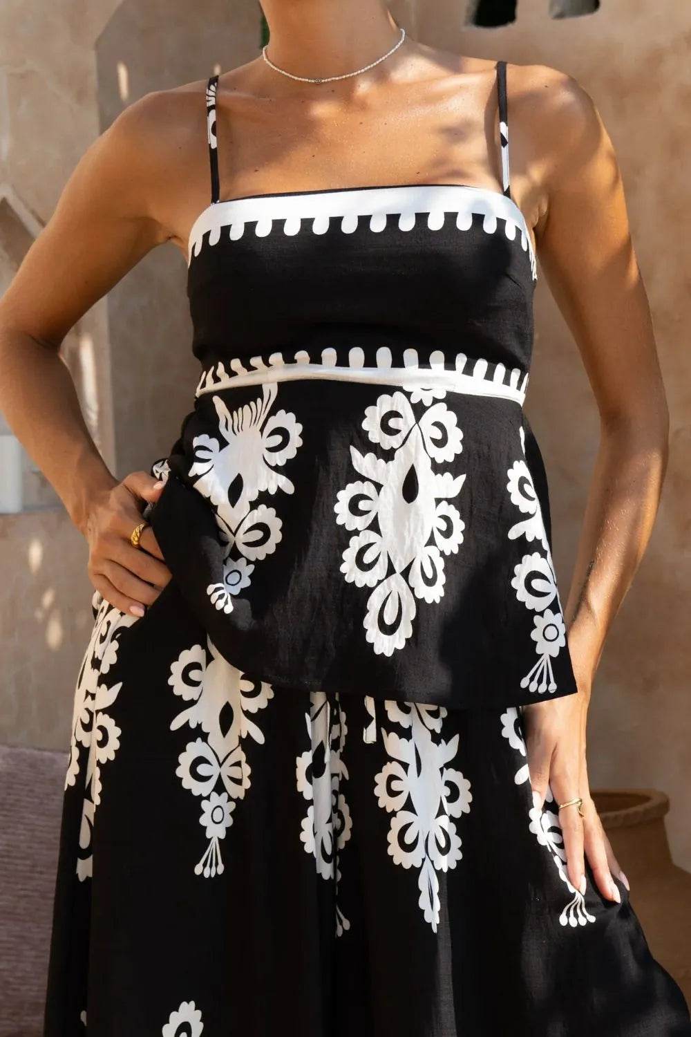 Printed Square Neck Cami and Wide Leg Pants Set - Velveta Studio
