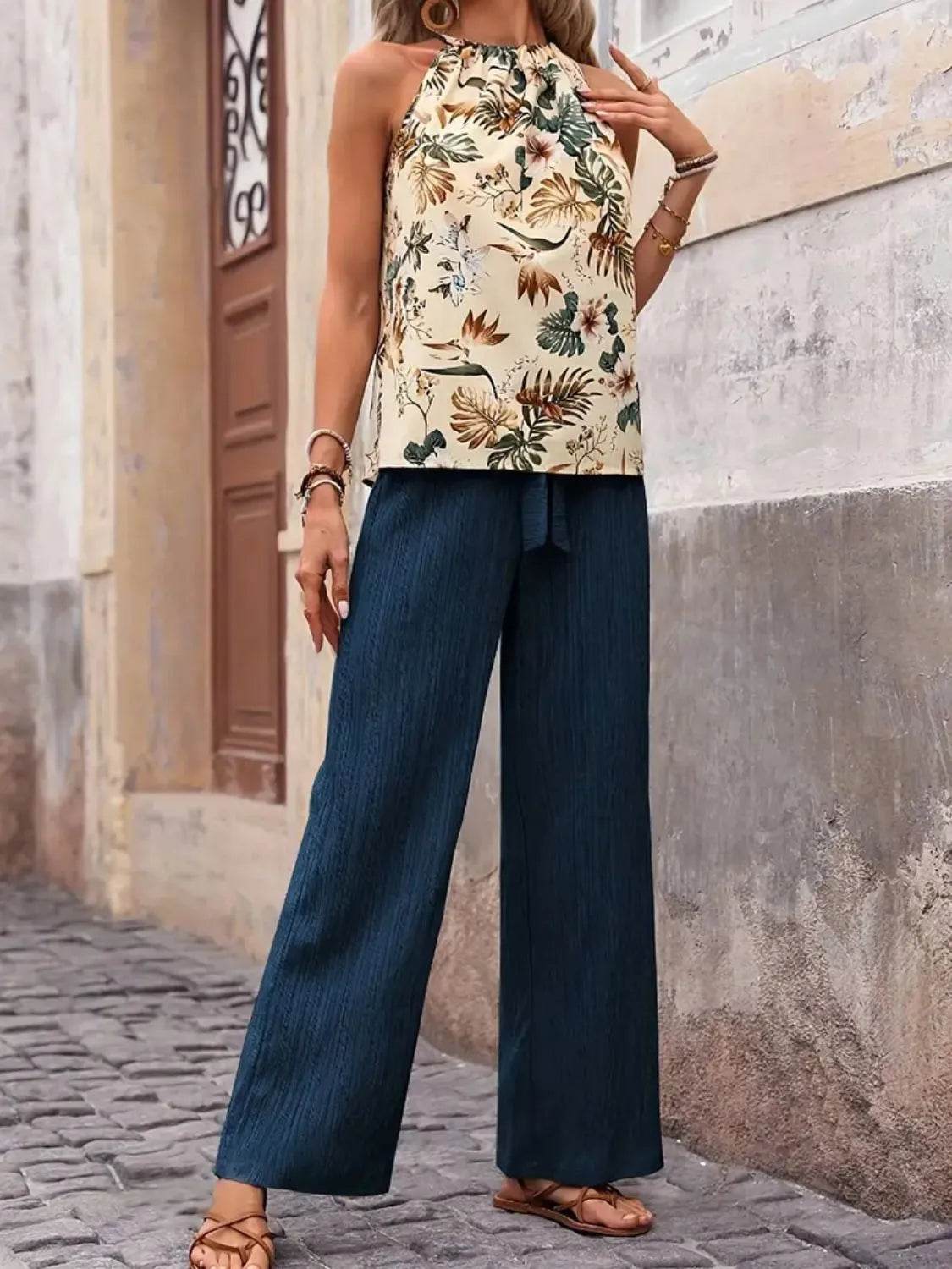 Printed Tank Top and Wide Leg Pants Set - Velveta Studio