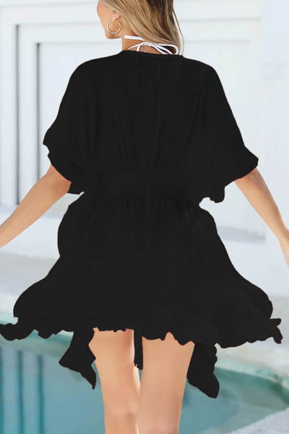 Ruffled Smocked Waist V-Neck Cover-Up - Velveta Studio