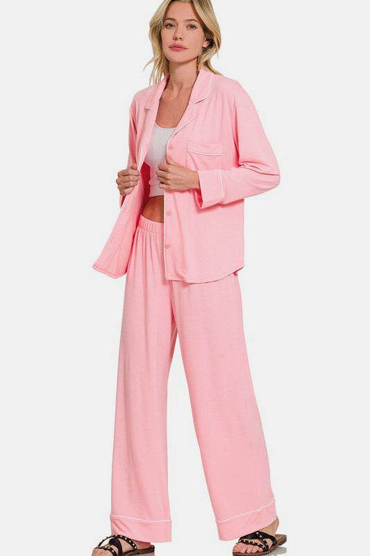 Zenana Button Down Long Sleeve Top and Pants Lounge Set - Velveta Studio