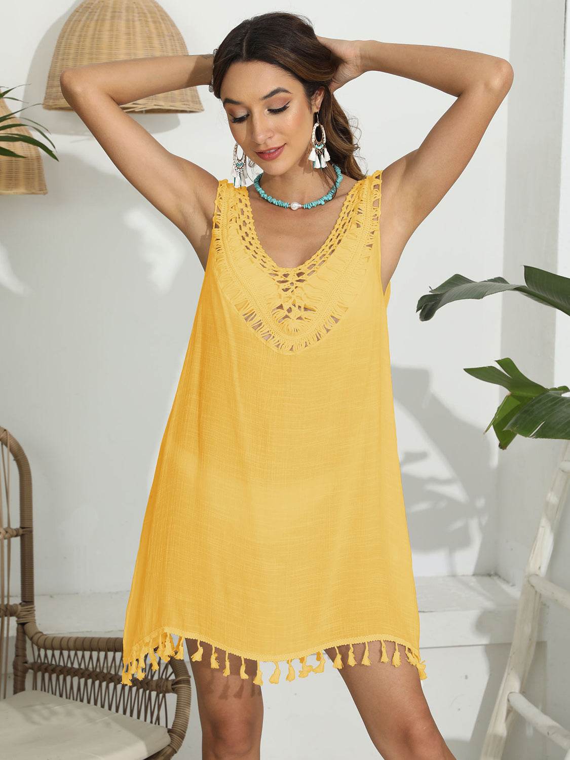 Tassel Scoop Neck Wide Strap Cover-Up - Velveta Studio