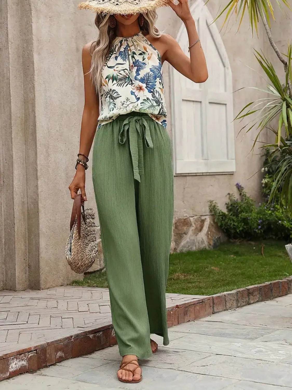 Printed Tank Top and Wide Leg Pants Set - Velveta Studio