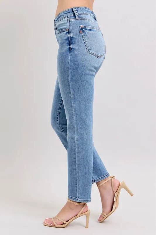 Mid Rise Vintage Wash Slim Jeans with Cell Phone Pocket Plus Size - Velveta Studio