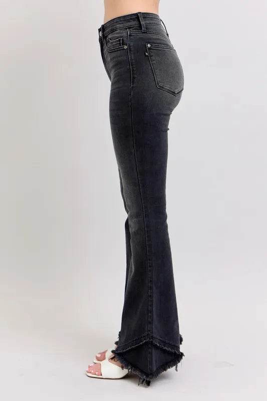 Full Size High Waist Flare W/ Mock Fray Tulip Hem Plus Size - Velveta Studio