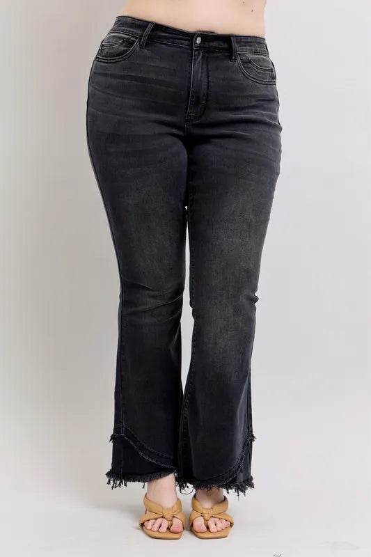 Full Size High Waist Flare W/ Mock Fray Tulip Hem Plus Size - Velveta Studio