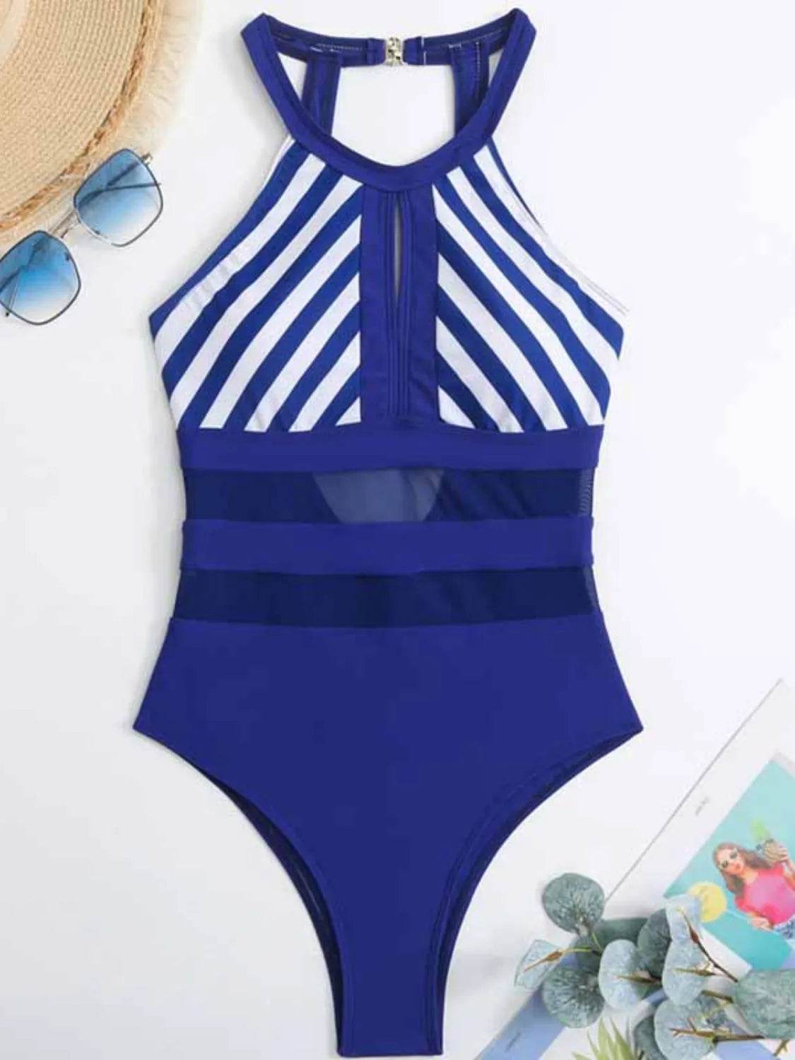 Mesh Detail Cutout Backless One-Piece Swimsuit – Striped, Padded, Stretchy - Velveta Studio