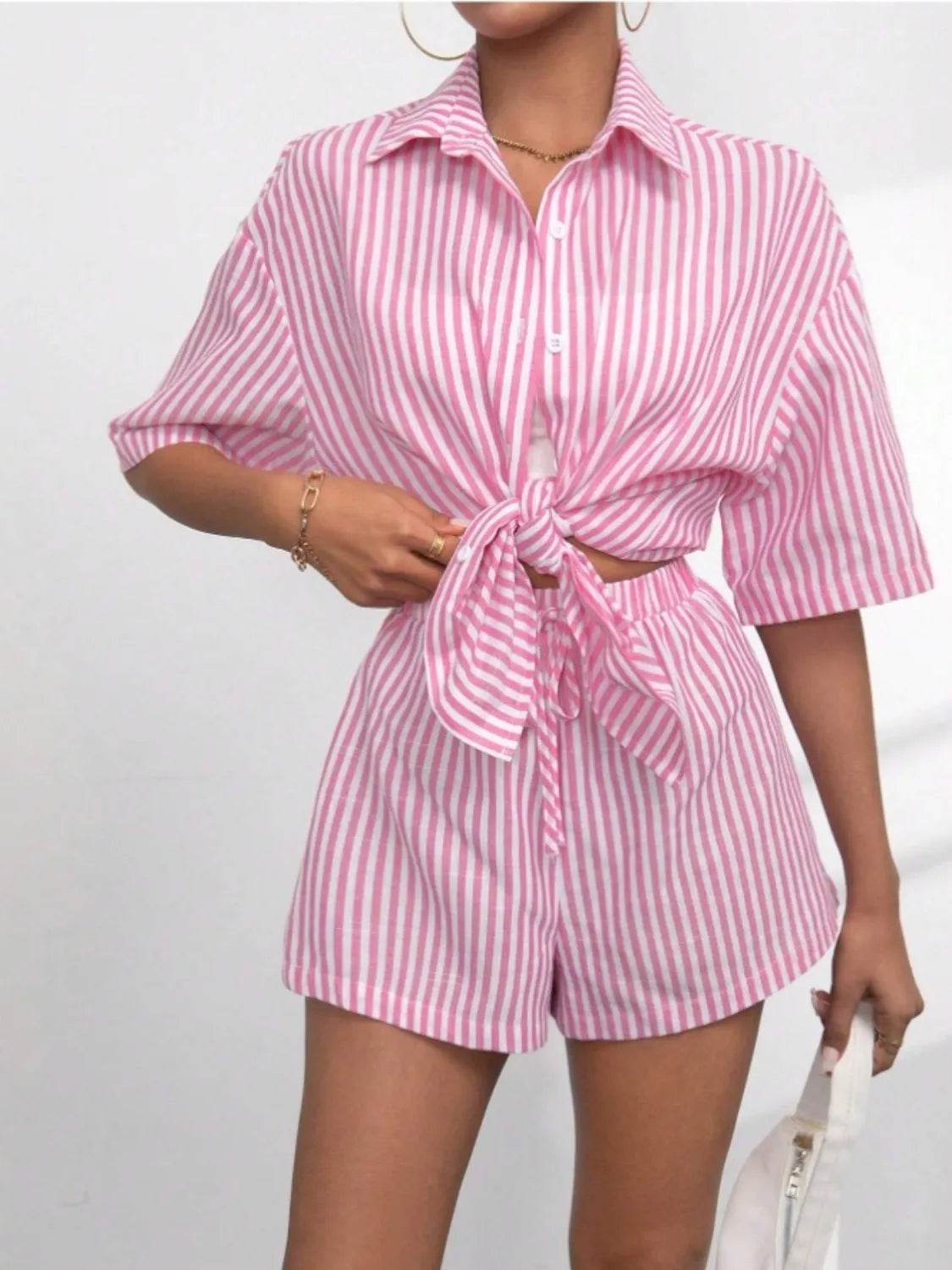 Striped Button Up Shirt and Shorts Set - Velveta Studio