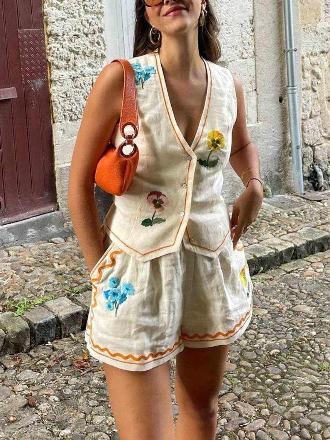Embroidered V-Neck Vest and Shorts Set - Velveta Studio