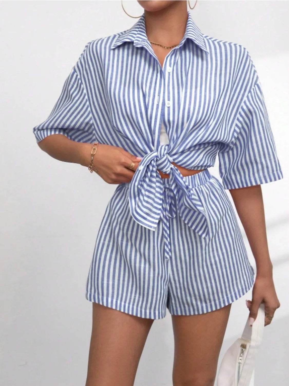 Striped Button Up Shirt and Shorts Set - Velveta Studio