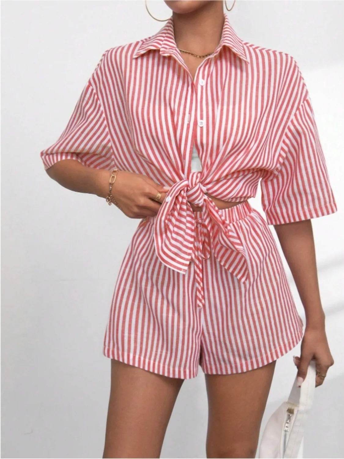 Striped Button Up Shirt and Shorts Set - Velveta Studio