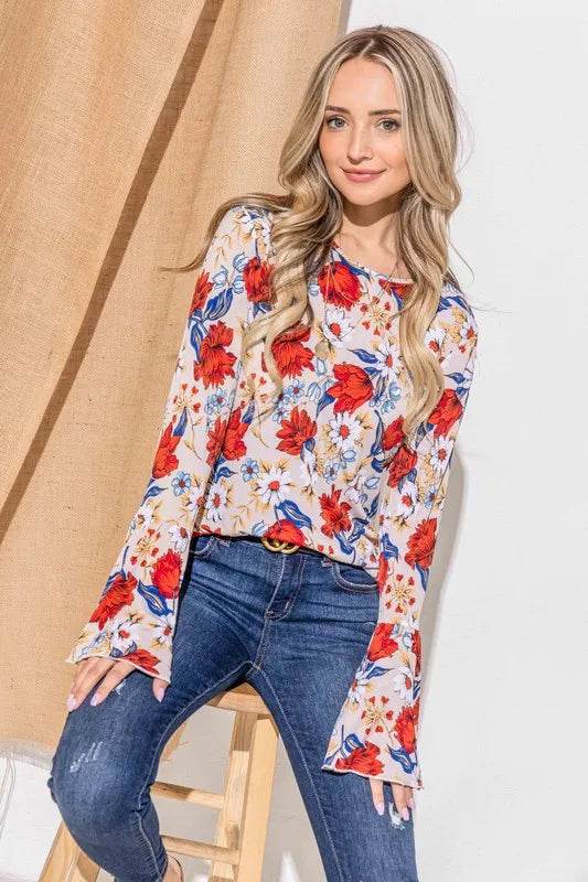 And The Why Floral Printed Bell Sleeve Casual Top - Velveta Studio