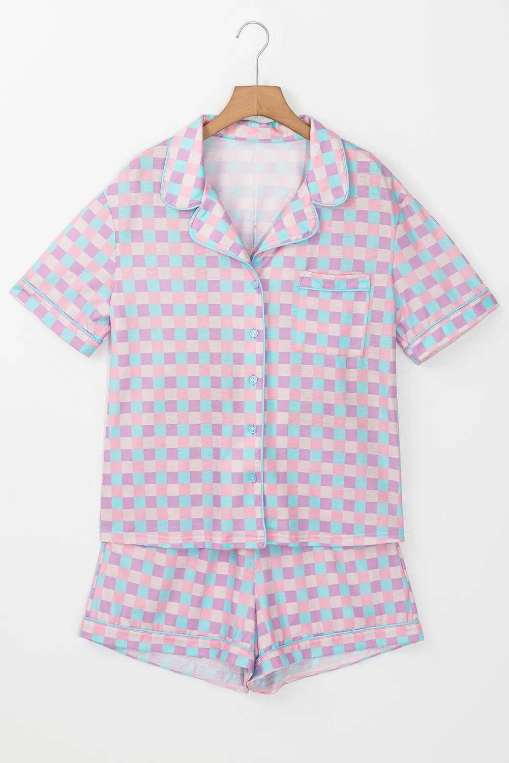 Plaid Collared Neck Short Sleeve Top and Shorts Lounge Set - Velveta Studio