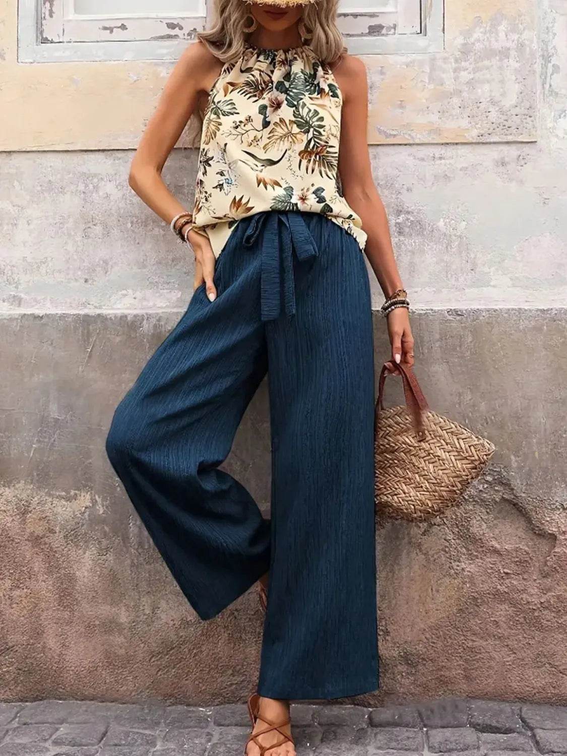 Printed Tank Top and Wide Leg Pants Set - Velveta Studio