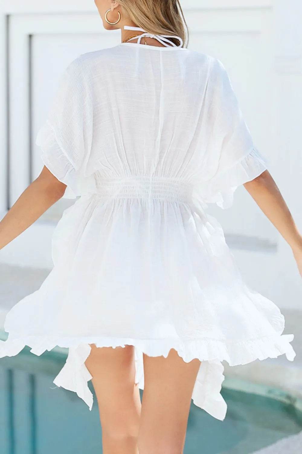 Ruffled Smocked Waist V-Neck Cover-Up - Velveta Studio