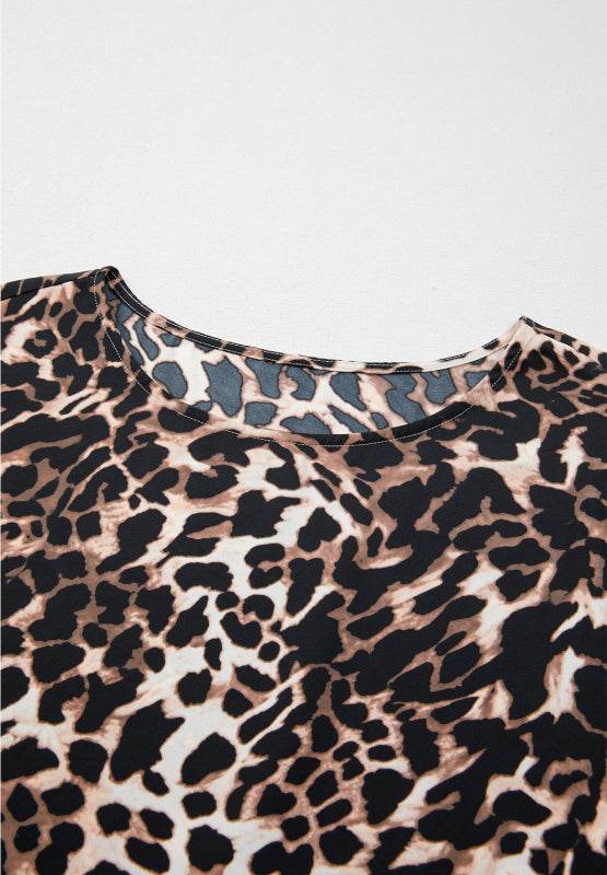 Contrast Trim Leopard Round Neck Top and Pants Lounge Set - Velveta Studio
