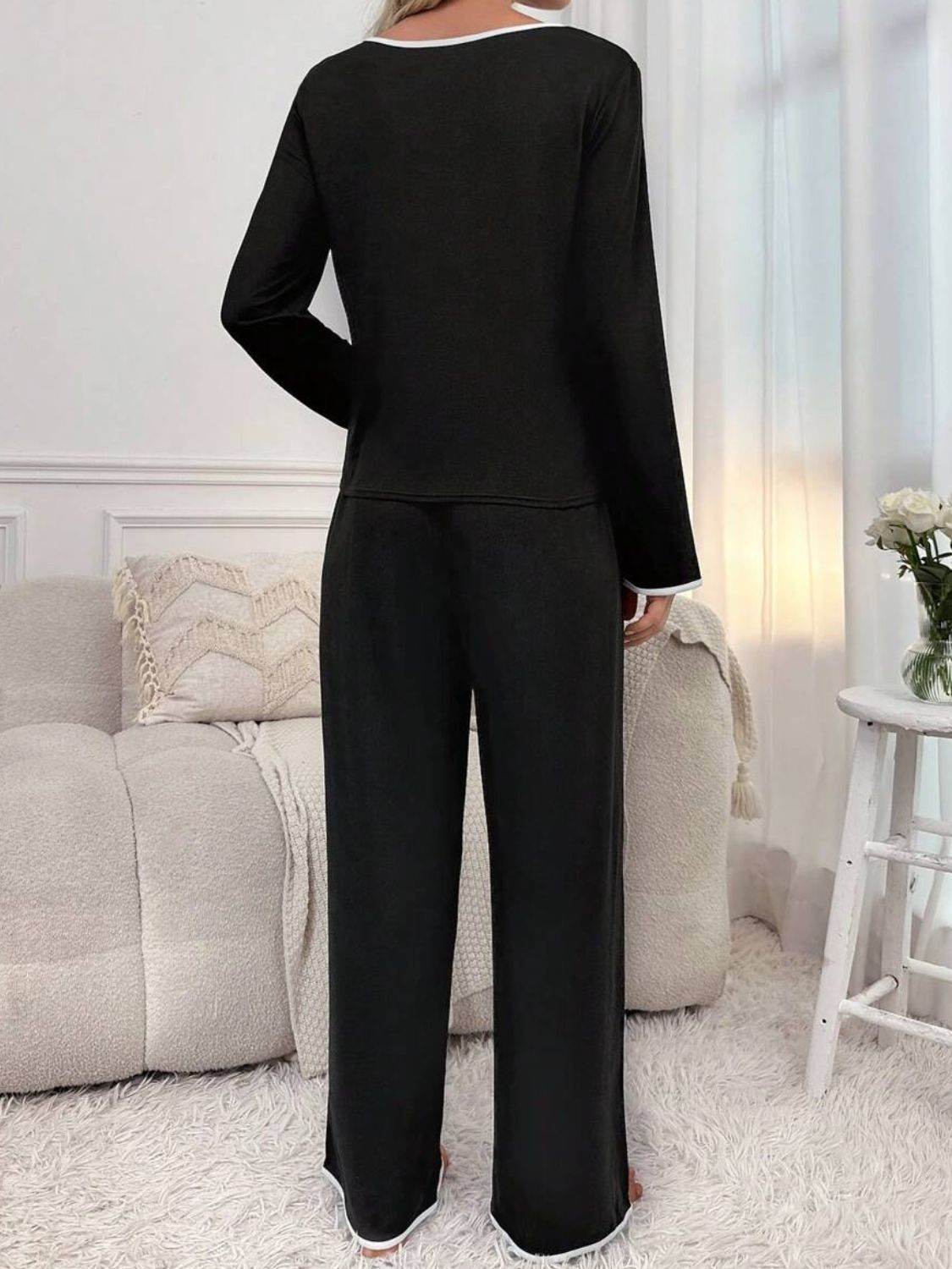 Contrast Trim Notched Long Sleeve Top and Pants Lounge Set - Velveta Studio