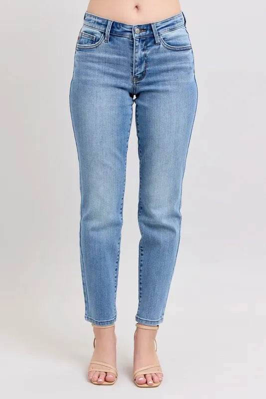 Mid Rise Vintage Wash Slim Jeans with Cell Phone Pocket Plus Size - Velveta Studio
