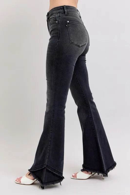 Full Size High Waist Flare W/ Mock Fray Tulip Hem Plus Size - Velveta Studio