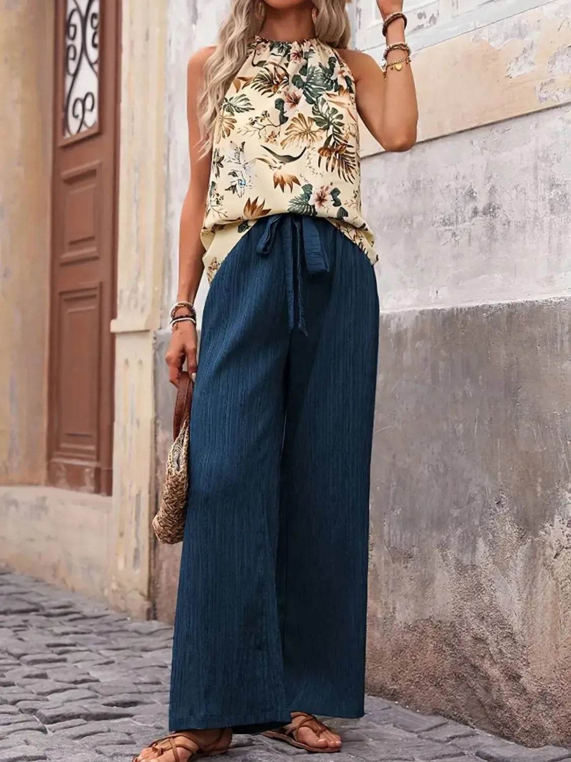 Printed Tank Top and Wide Leg Pants Set - Velveta Studio