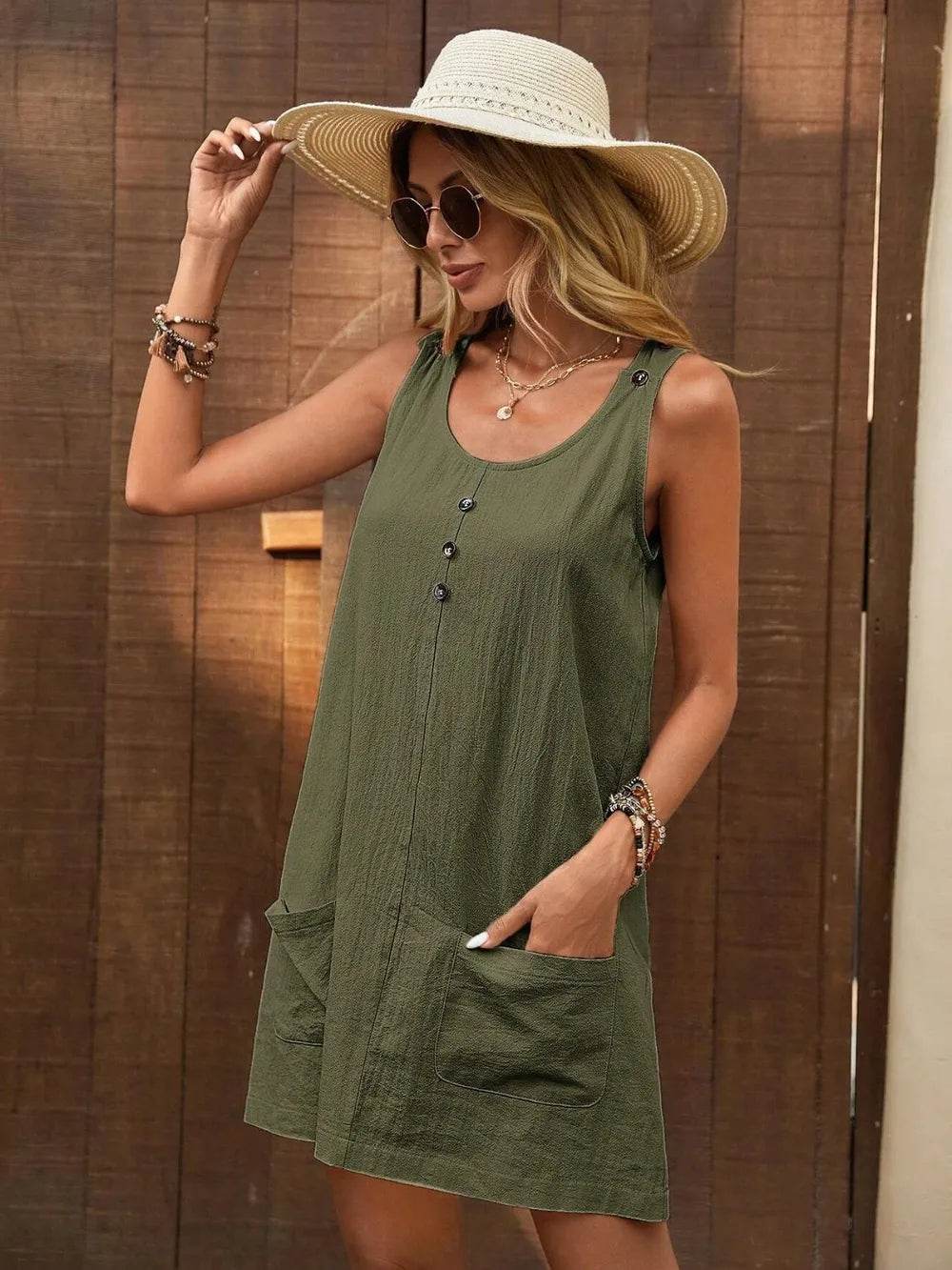 Decor Button Mini Tank Dress with Pockets - Velveta Studio
