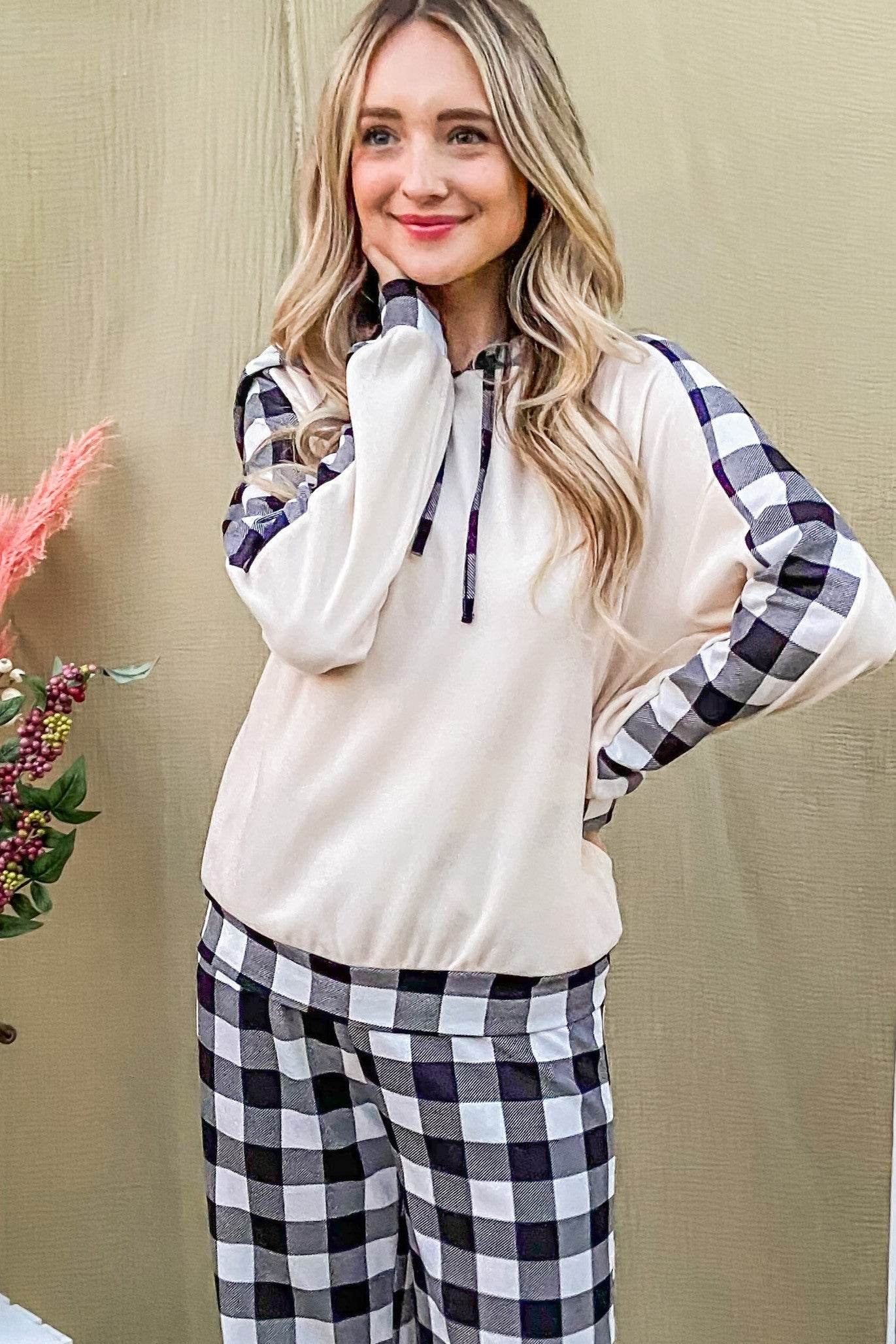 And The Why Drawstring Hooded Top and Plaid Pants Lounge Set - Velveta Studio
