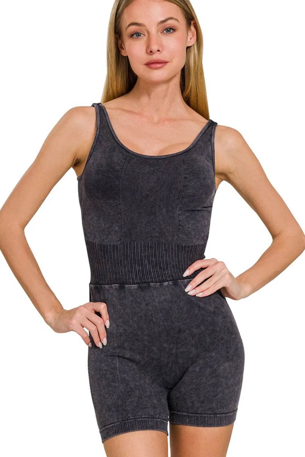 Zenana Washed Sports Romper With Removable Bra Pad - Velveta Studio