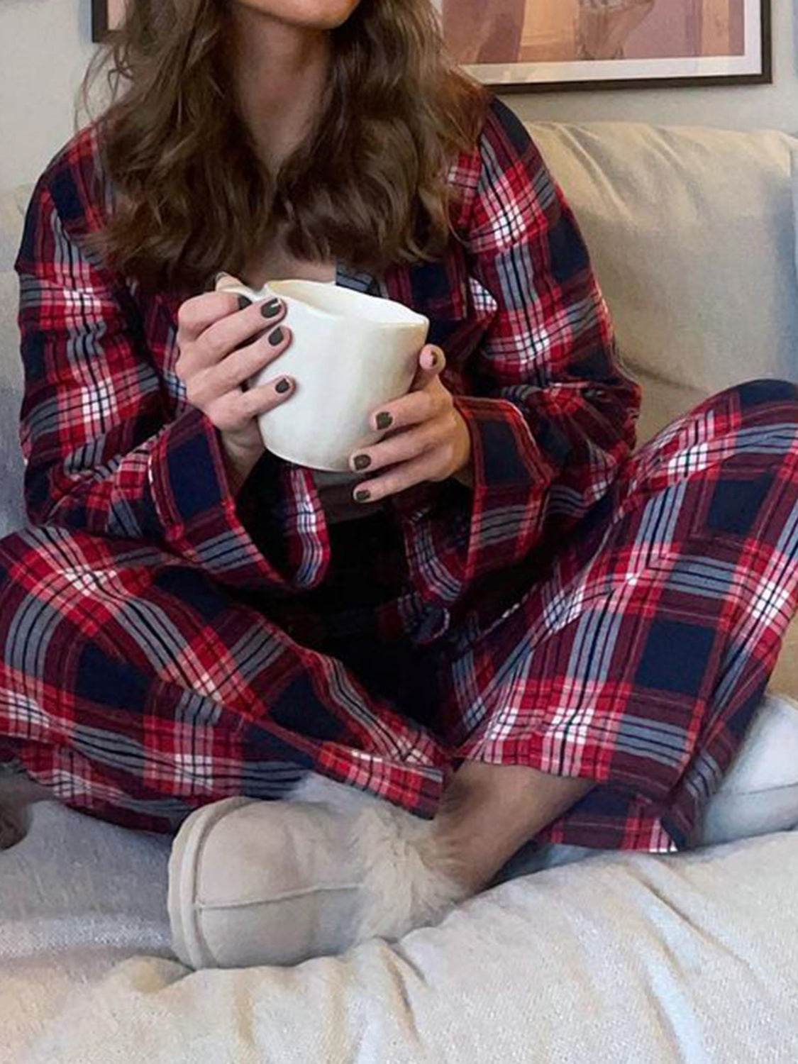 Plaid Collared Neck Button Up Top and Pants Lounge Set - Velveta Studio