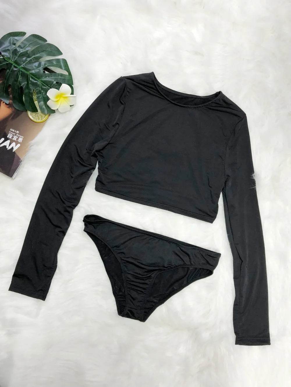 Round Neck Long Sleeve Top and Brief Swim Set - Velveta Studio