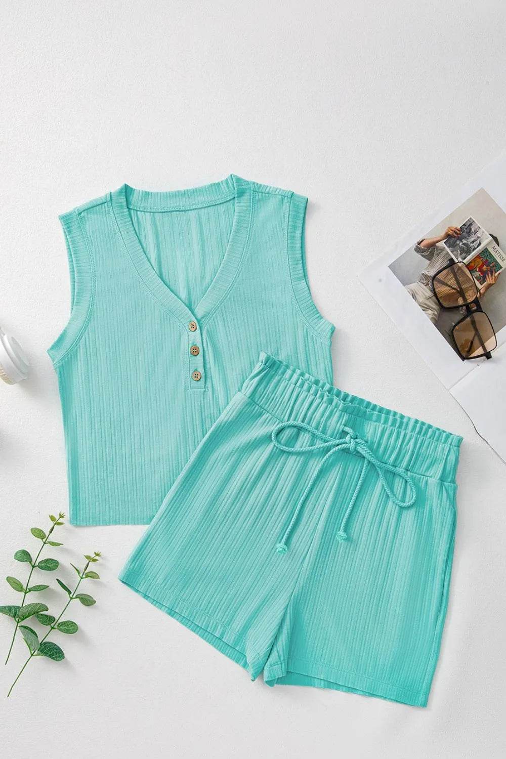 Ribbed Button V Neck Tank Top and Shorts Set - Velveta Studio
