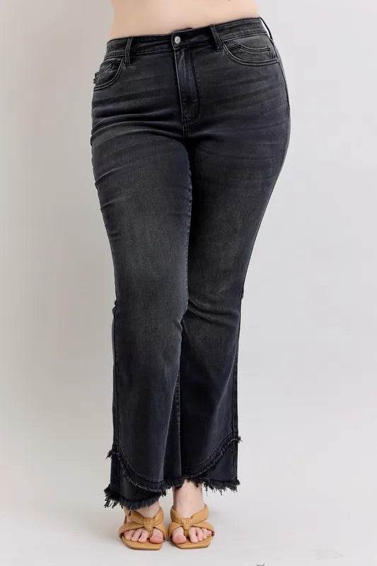 Full Size High Waist Flare W/ Mock Fray Tulip Hem Plus Size - Velveta Studio