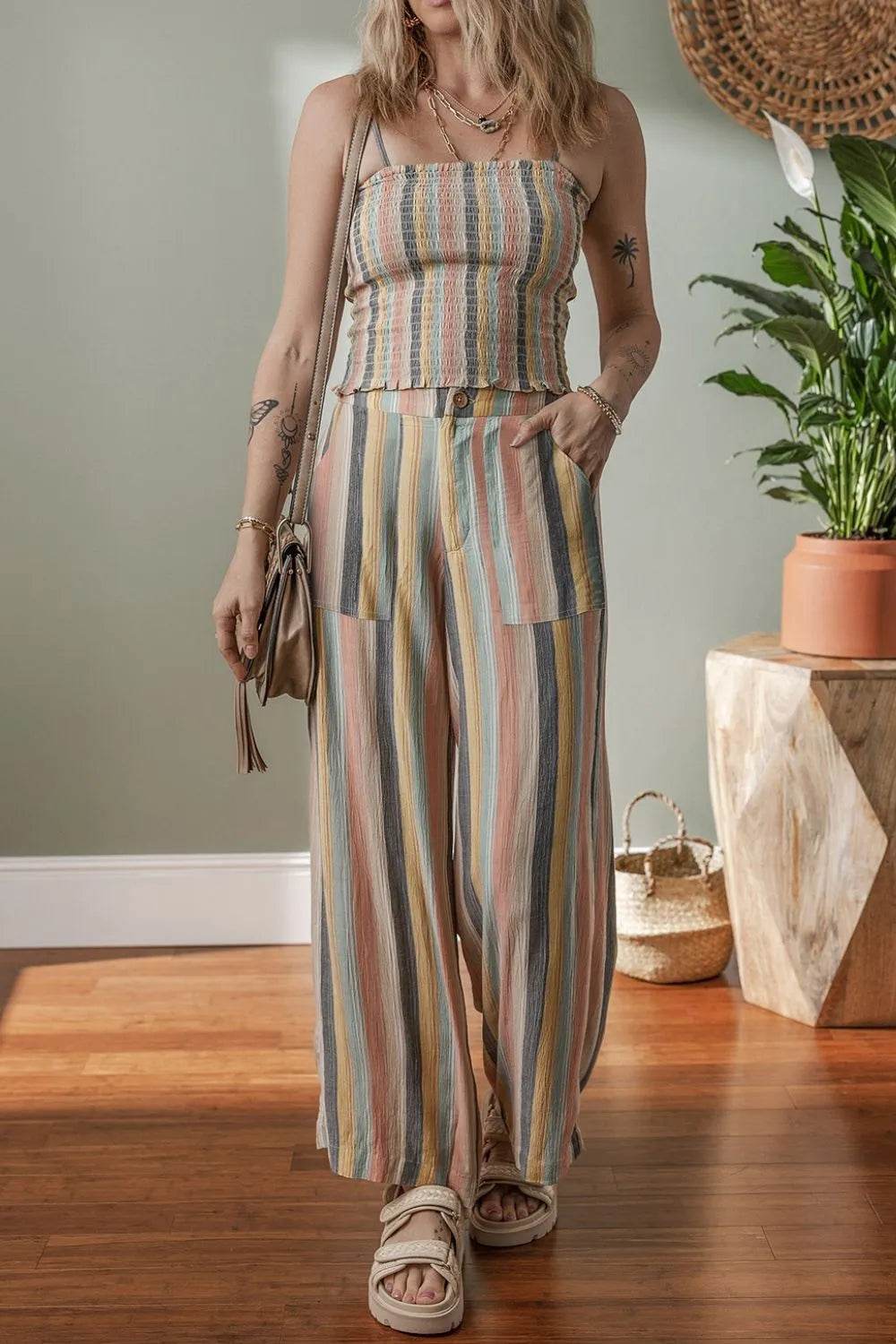 Striped Smocked Cami Top and Wide Leg Pants Set - Velveta Studio