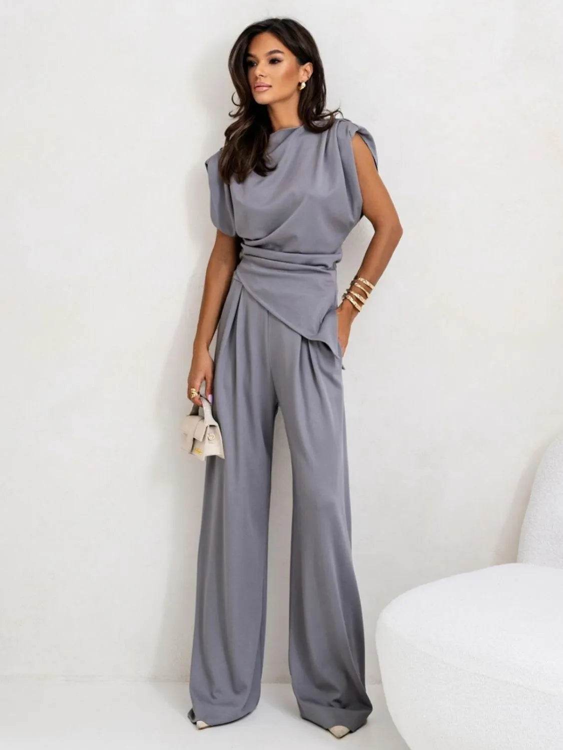 Slit Ruched Top and Wide Leg Pants Set - Velveta Studio
